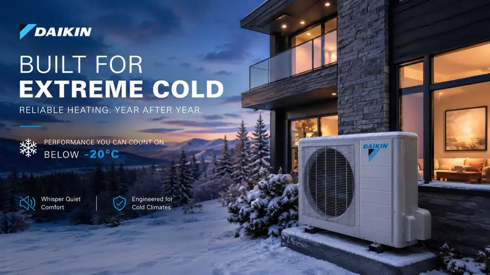 Showing Daikin heat pump outside home in Seattle, WA working in -20 degree weather